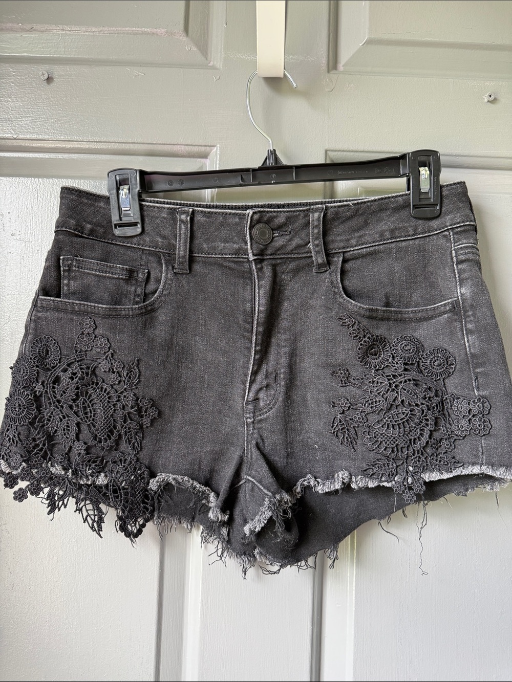 American Eagle Outfitters Charcoal Black Distressed Lace-Appliqué Denim Shorts